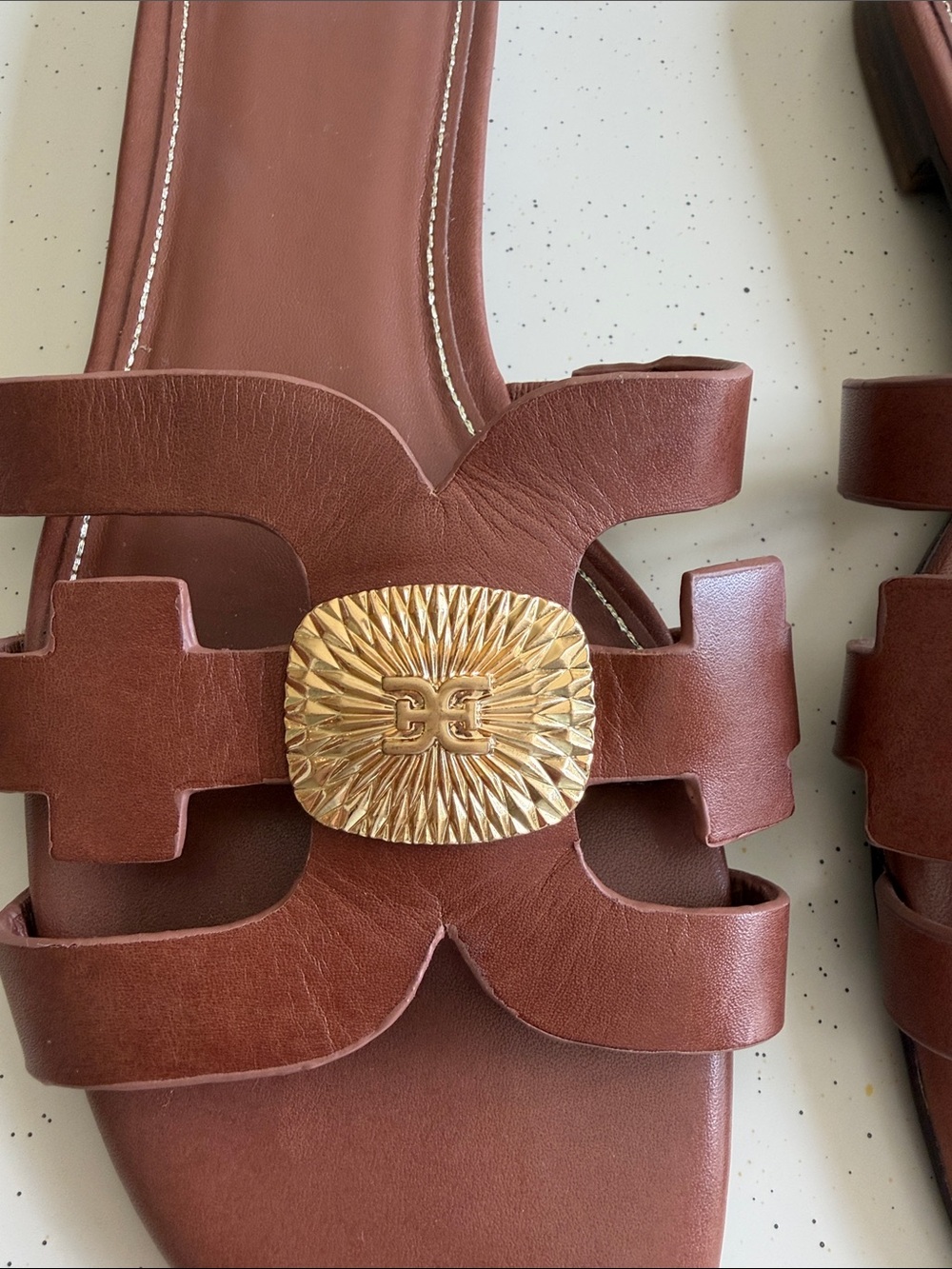 Sam Edelman Leather Slide Sandals with Gold Medallion - Brown Size:9 - Picture 5 of 7